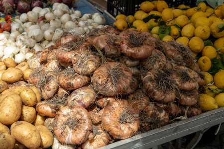 Photo for Large italian onions (translation cipolla), potatoes, lemons and garlic sold at an Italian market - Royalty Free Image