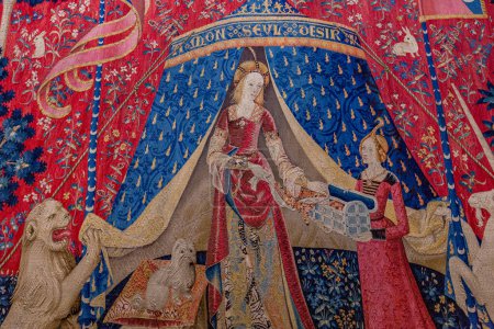 Téléchargez les photos : PARIS, FRANCE, 16 DÉCEMBRE 2023 : La Dame et la licorne, tapisserie de la Renaissance, chapelle Cluny, Paris, France - en image libre de droit