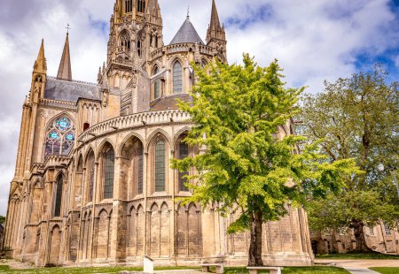 BAYEUX, FRANCE, MAY 14, 2024 : exteriors architectural decors of Cathedral of Our Lady of Bayeux, norrmandy
