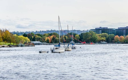 Photo for Brilliant autumn colors and boats at Gene Coulon Park in Renton, Washington. - Royalty Free Image