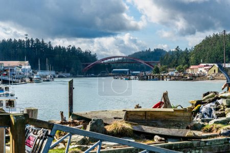 Photo for View of the Rainbow Bridge and Swinomish Channel in La Conner, Washington. - Royalty Free Image