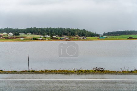 Homes line the shore of a pond in Oak Harbor, Washington.