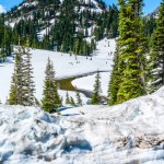 A view of a stream surrounded by snow at the Chinook Pass in Washington State.