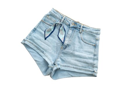 Cute elegant denim shorts with a ribbon at the waist, isolated on a white background. Front view