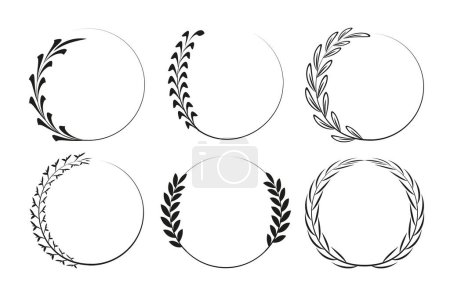 Set de 6 coronas esbozadas decorativas dibujadas a mano de Doodle negro con ramas, hierbas, plantas, hojas y flores. Ilustración vectorial