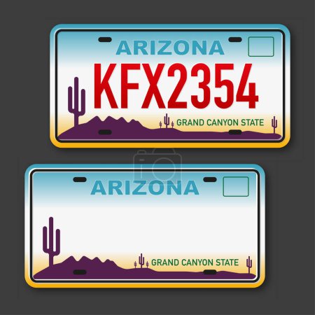 Illustration for Retro car plate for banner design. Arizona state. Isolated vector illustration. Business, icon set. - Royalty Free Image