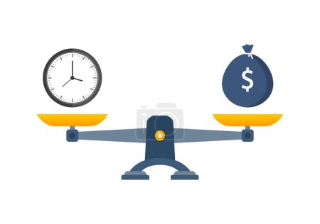 Illustration for Education vs time on scales icon. Money and time balance on scale. - Royalty Free Image