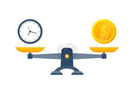 Illustration for Education vs time on scales icon. Money and time balance on scale. - Royalty Free Image