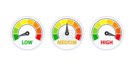Téléchargez les illustrations : Low, Medium and High gauges speedometer, indicators. Rating Speed Meter - en licence libre de droit