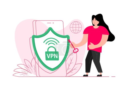 Ilustración de A man stands near the smartphone, on the screen VPN icon. Virtual Private Network - Imagen libre de derechos