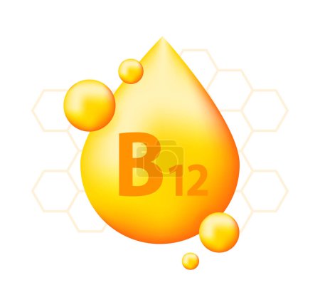 Vitamine b12 avec une goutte réaliste. Des particules de vitamines au milieu. Illustration vectorielle