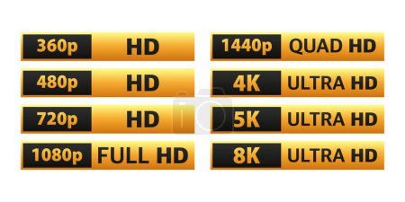 Illustration for Video and TV Size Resolution sd, hd, Ultra Hd, 4k, 8k. Screen display resolution. Vector illustration - Royalty Free Image