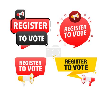 Illustration for Megaphone label set with text register to vote. Register to vote announcement banner. Vector illustration - Royalty Free Image