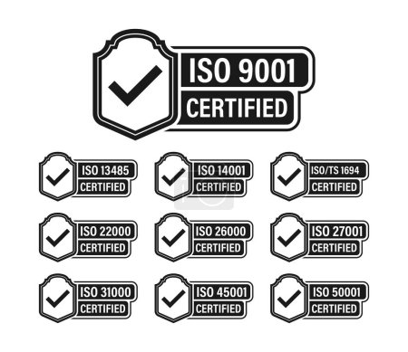 Ilustración de Conjunto de sellos y etiquetas con certificación ISO. Sistema de gestión de calidad certificado. Ilustración vectorial - Imagen libre de derechos