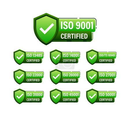 Ilustración de Conjunto de sellos y etiquetas con certificación ISO. Sistema de gestión de calidad certificado. Ilustración vectorial - Imagen libre de derechos