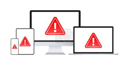 Attention message, alert sign on laptop and smartphone screen. Danger error alerts. Vector illustration