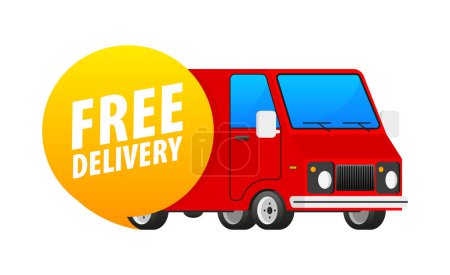 Téléchargez les illustrations : Camion de livraison rouge avec offre de service gratuite Icône. Livraison gratuite Van. Illustration vectorielle - en licence libre de droit