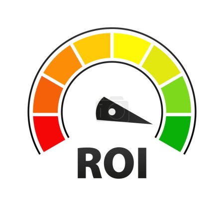 Téléchargez les illustrations : Jauge montrant différents niveaux de retour sur investissement ROI dans les segments colorés. Illustration vectorielle. - en licence libre de droit