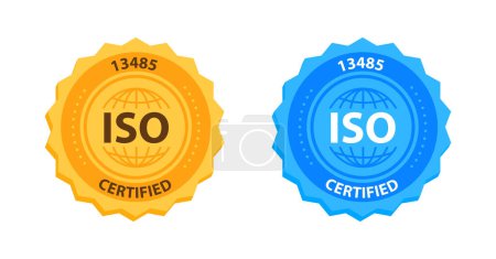 Ilustración de ISO 13485 Insignia de certificación de gestión de calidad Oro y azul. Ilustración vectorial. - Imagen libre de derechos