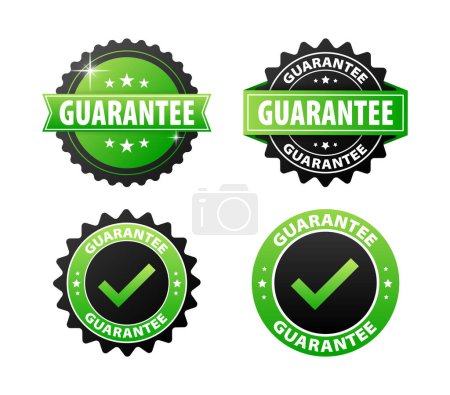 Guarantee stickers, green and black label on white background.