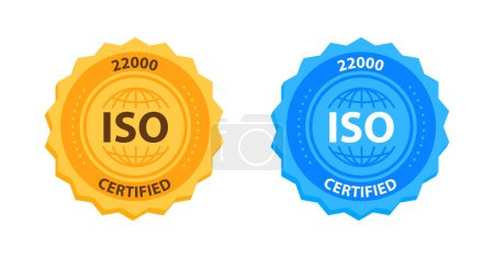 Ilustración de Insignia de Certificación de Gestión de Calidad ISO 22000 Oro y azul. Ilustración vectorial. - Imagen libre de derechos