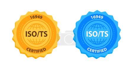 Ilustración de ISO TS 16949 Insignia de certificación de gestión de calidad Oro y azul. Ilustración vectorial. - Imagen libre de derechos