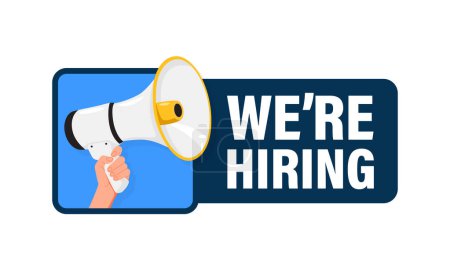 We are hiring. Hand hold megaphone speaker for announce. Attention please. Shouting people, advertisement speech symbol.