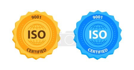 Ilustración de Insignia de Certificación de Gestión de Calidad ISO 9001 Oro y azul. Ilustración vectorial. - Imagen libre de derechos
