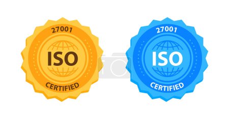 Ilustración de ISO 27001 Insignia de certificación de gestión de calidad Oro y azul. Ilustración vectorial. - Imagen libre de derechos