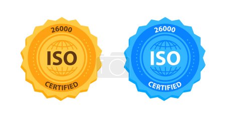 Ilustración de ISO 26000 Insignia de certificación de gestión de calidad Oro y azul. Ilustración vectorial. - Imagen libre de derechos