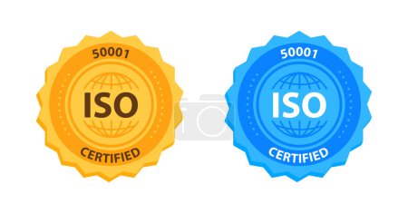 Ilustración de ISO 50001 Insignia de certificación de gestión de calidad Oro y azul. Ilustración vectorial. - Imagen libre de derechos
