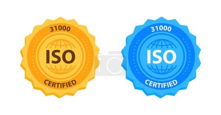 ISO 31000 Qualitätsmanagementabzeichen Gold und Blau. Vektorillustration.