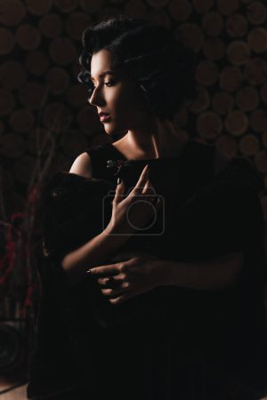 Téléchargez les photos : Belle fille dans une robe de soirée noire et un manteau de fourrure - en image libre de droit