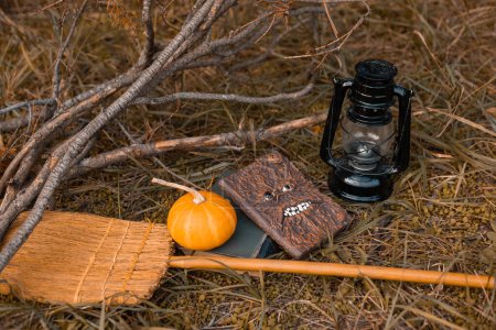Photo for Pumpkin, old lantern, broom and two books lie on the grass - Royalty Free Image