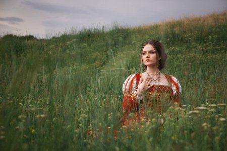 Téléchargez les photos : Portrait de fille médiévale fantaisie princesse en robe rouge vintage. Femme assise dans l'herbe sur la colline verte. Dame en costume de renaissance. - en image libre de droit