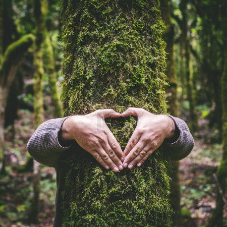 Photo for Man hugging a green tree trunk doing a heart gesture with hands. People and love respect for nature forest and environment lifestyle. Environmentalist embrace trunk with musk. Stop climate change - Royalty Free Image