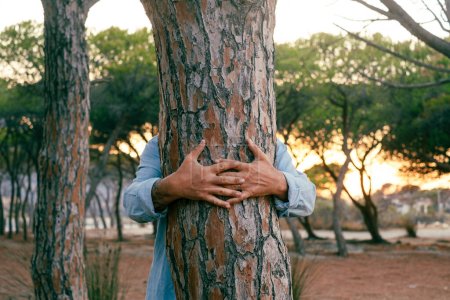 Photo for Nature lover environment and planet care climate change concept gesture.  man hugging a trunk tree at the park in outdoor leisure activity alone. People and nature. Protection activism lifestyle - Royalty Free Image