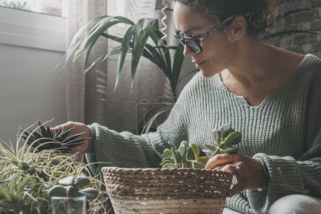 Photo for Woman at home sitting and doing gardening nature activity indoor with succulent plants. Concept of natural lifestyle, female people. Sustainable green indoor leisure activity indoor apartment - Royalty Free Image