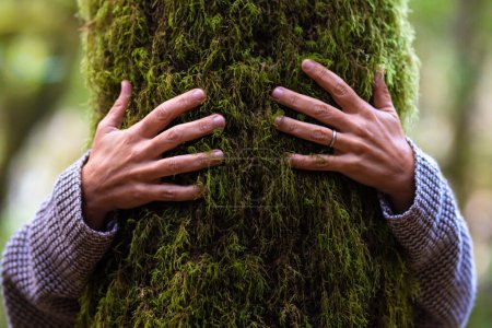 Téléchargez les photos : Femme embrasser une couverture de tronc de musc vert pour célébrer l'amour de la nature et arrêter la déforestation. Fête de la terre les gens dans les loisirs de plein air étreignant les arbres dans la forêt. Santé. - en image libre de droit