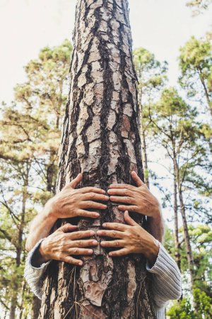 Foto de Gente y amor por la naturaleza concepto de medio ambiente con las manos abrazando un árbol tronco en el bosque - detener la deforestación y salvar la misión del planeta tierra - celebración del día de la tierra - Imagen libre de derechos