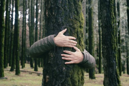Foto de Amante de la naturaleza abrazando tronco con almizcle verde en bosque de bosques tropicales. Fondo natural verde. Concepto de personas que aman la naturaleza y protegen de la deforestación o la contaminación o el cambio climático - Imagen libre de derechos