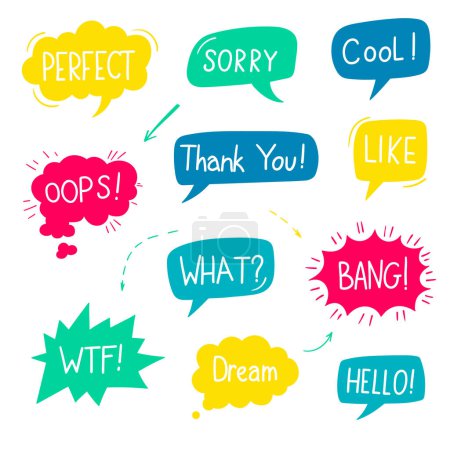 Hand drawn set of Colorful speech bubbles with dialog words