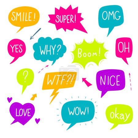hand drawn background Set of cute speech bubble with text in doodle style