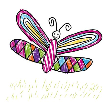 Photo for Butterfly kids drawing, children's creativity. preschool colorful cute drawings - Royalty Free Image