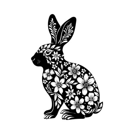 Illustration for Silhouette of a rabbit with floral ornament, black and white illustration, element for Easter card - Royalty Free Image