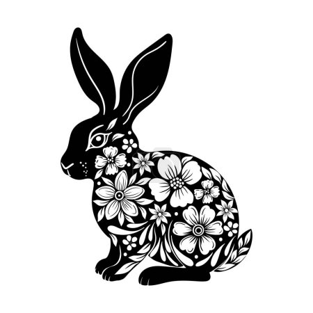 Photo for Vector modern black and white illustration, Beautiful Easter Bunny with Floral - Royalty Free Image