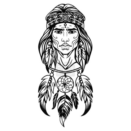 Illustration for Monochrome illustration of an Indian man, in a traditional headdress, a dream catcher as a decoration on his neck - Royalty Free Image