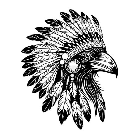 Illustration for Raven head wearing traditional Indian feather headdress, black and white illustration, - Royalty Free Image