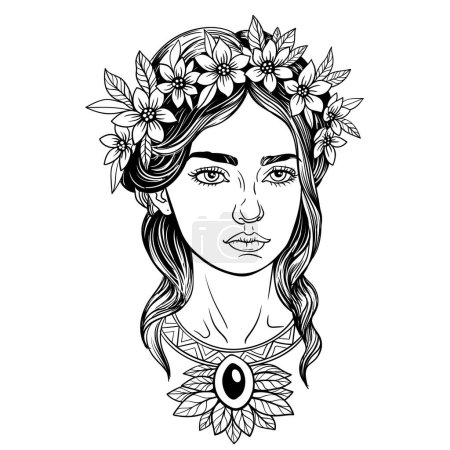Photo for Fashion illustration of girl in flower wreath, hand drawn black and white drawing, coloring page - Royalty Free Image
