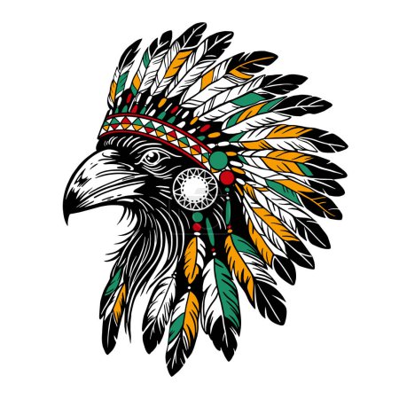 Illustration for Head of a raven wearing a traditional Indian feather headdress. American Indian culture - Royalty Free Image
